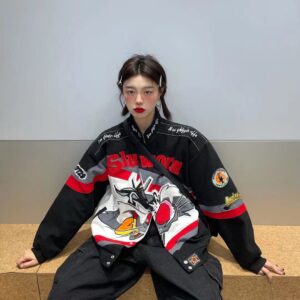 Vintage Streetwear Jacket with Cartoon Embroidery