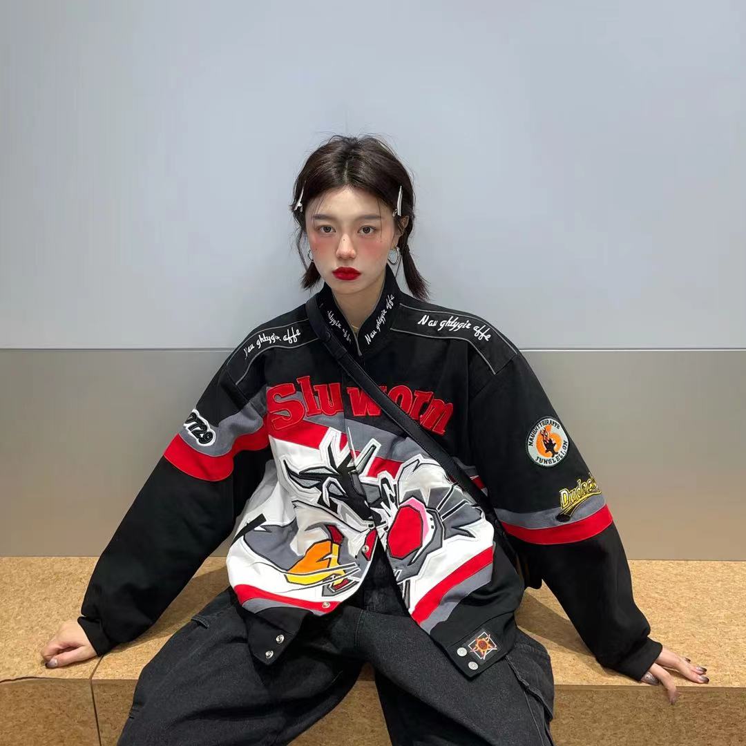 Vintage Streetwear Jacket with Cartoon Embroidery