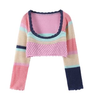 Vacation-Style Color-Block Cropped Sweater