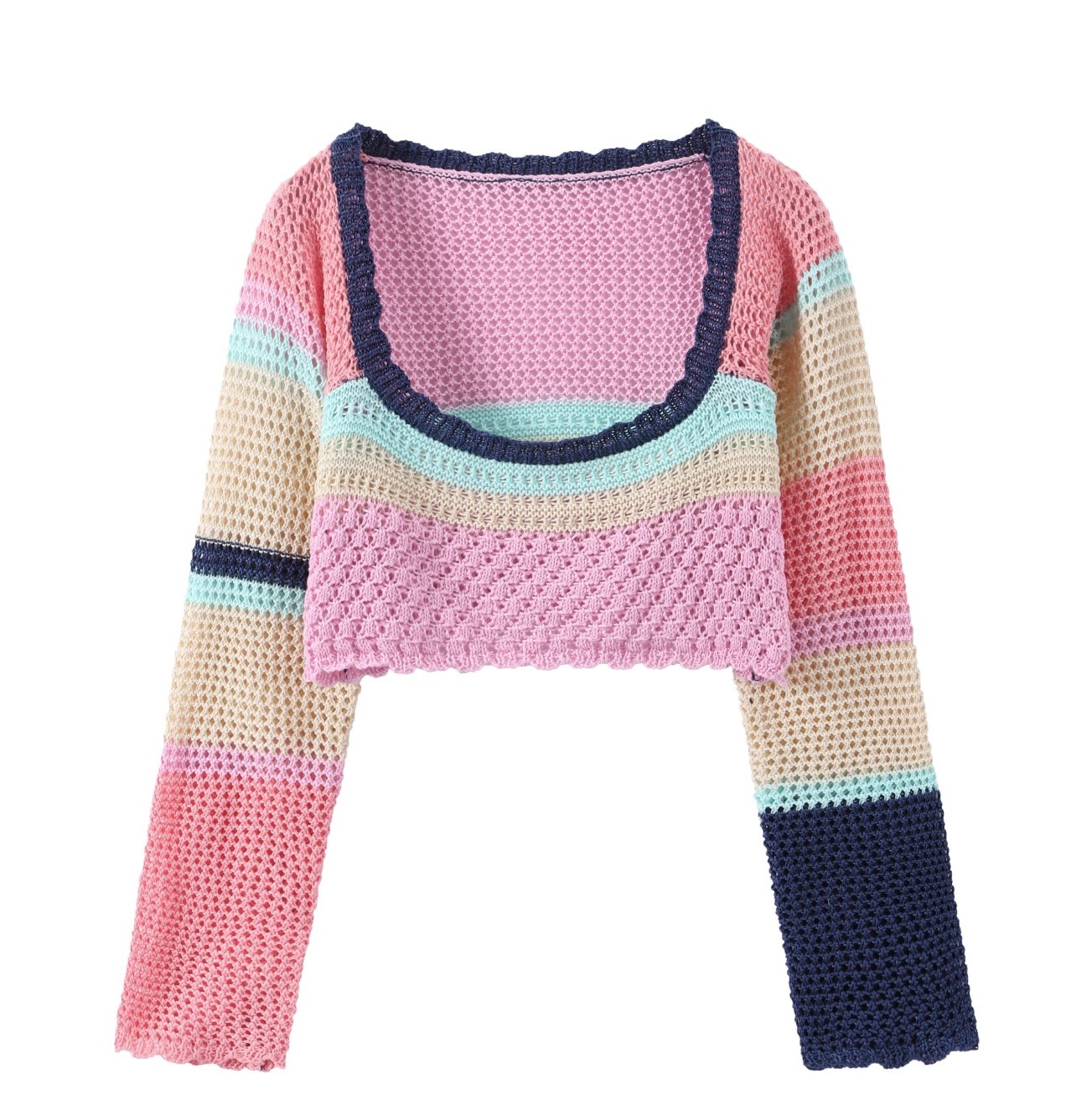 Vacation-Style Color-Block Cropped Sweater