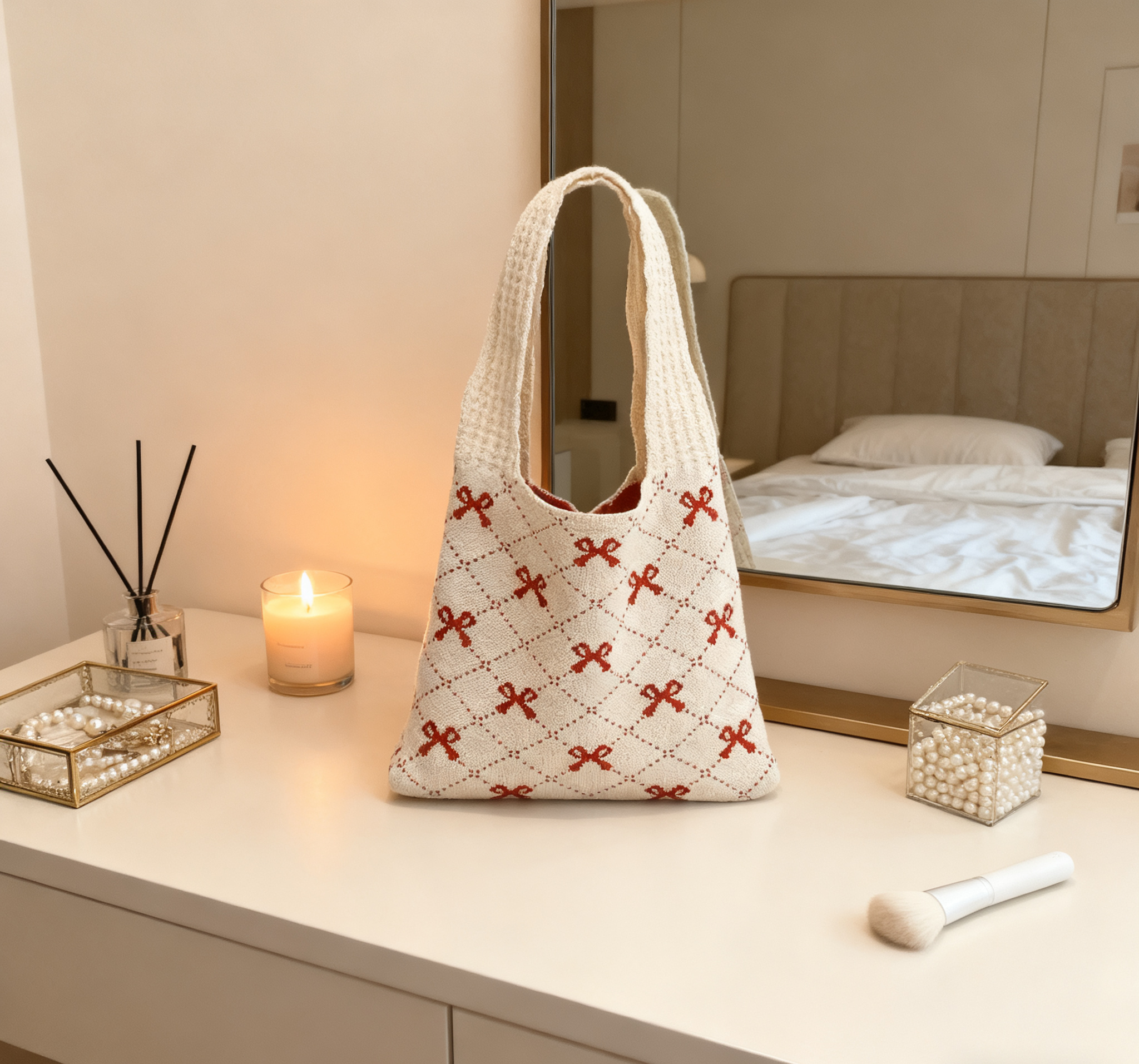Bow-Accented Sweet Knitted Shoulder Bag