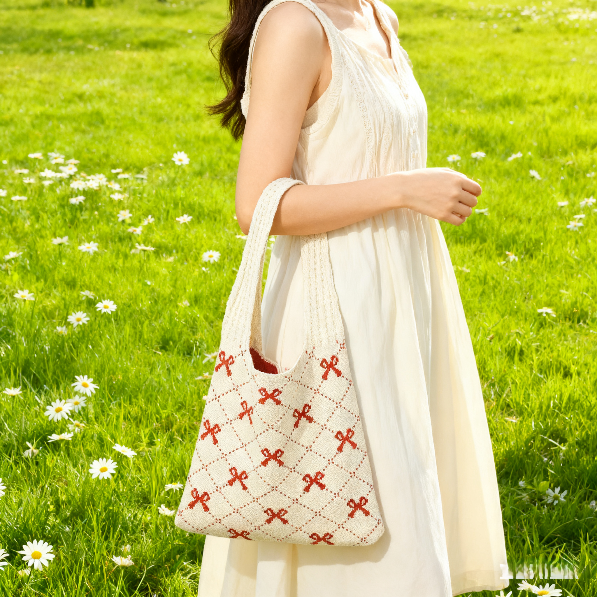 Bow-Accented Sweet Knitted Shoulder Bag - Image 2